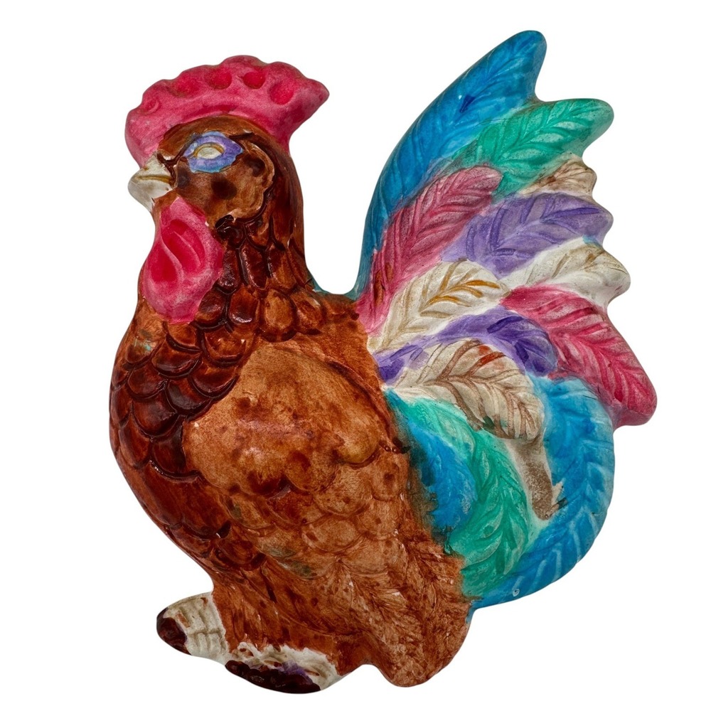 Vintage Ceramic Rooster Wall Hanging Set Colorful Farmhouse Kitchen Decor Kitsch - Picture 4 of 12